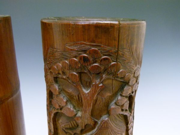 Large pair of Chinese carved bamboo brush pots, each of tall cylindrical form typically relief- - Image 11 of 12