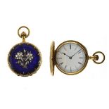 Lady's yellow metal and enamel fob watch, white Roman dial, anonymous top wind movement, inner