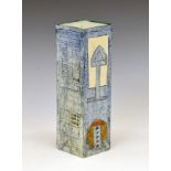Troika rectangle vase, having modernist and abstract decoration on a pale blue ground, painted marks