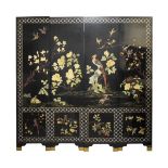 20th Century Oriental hardstone-mounted black-lacquered four-fold dressing screen, each panel having