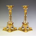 Pair of Royal Crown Derby candlesticks, decorated in the Imari palette, printed marks and date