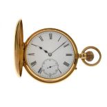 Munsey, Cambridge - 18ct gold half hunter pocket watch, white enamel dial, black Roman numerals,