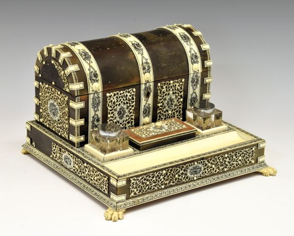 19th Century Indian ivory and horn desk stand, having a dome top stationery box opening to reveal