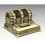 19th Century Indian ivory and horn desk stand, having a dome top stationery box opening to reveal