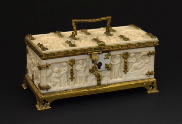 Ormolu mounted carved ivory casket, probably Cingalo-Portugese, the panels decorated with Biblical