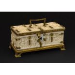 Ormolu mounted carved ivory casket, probably Cingalo-Portugese, the panels decorated with Biblical