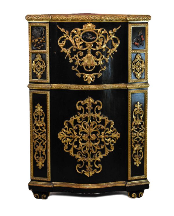 19th Century Italian ebonised, parcel gilt and pietra dura corner cabinet of serpentine-fronted