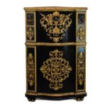 19th Century Italian ebonised, parcel gilt and pietra dura corner cabinet of serpentine-fronted