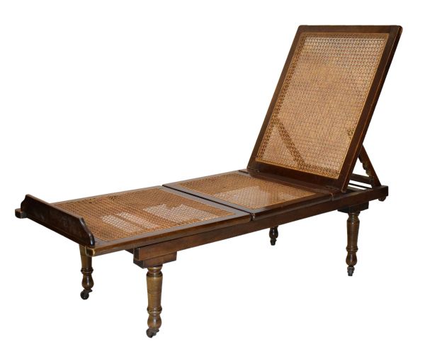 Late 19th/early 20th Century Campaign-style folding day bed, having three hinged and ratchet-