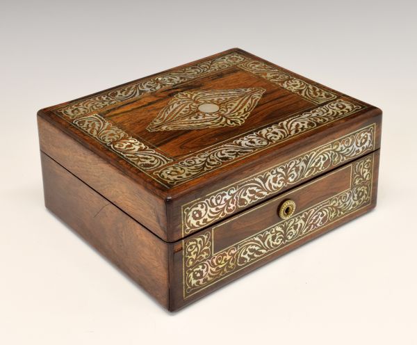 Victorian mother-of-pearl inlaid rosewood sewing box, the hinged cover opening to reveal a fitted