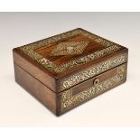 Victorian mother-of-pearl inlaid rosewood sewing box, the hinged cover opening to reveal a fitted