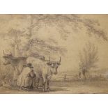 English School, Circa 1800 - Pencil study - Milking the herd, unsigned, 14cm x 19cm, framed and