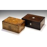 Two 19th Century wooden boxes comprising: one rosewood, 27cm wide, and one inlaid walnut, 25.5cm