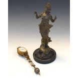 Early 20th Century French spelter figural clock with Arabic dial and gridiron pendulum on turned