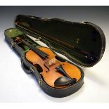 Cased 20th Century violin with pseudo Stradivarius label within, 56cm long, in a green baize-lined