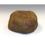 Childs antique woven silk skull cap with cross decoration, approximately 13.5cm diameter x 7cm high