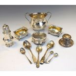 Various silver items to include; George V sugar bowl, Birmingham 1912, pair of Edward VII salts,