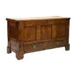 18th Century oak mule chest having hinged cover triple panel front and two drawers to base, 141cm