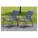 Two modern brushed metal garden/patio chairs, each with adjustable back