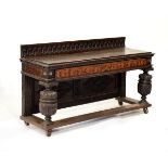 Antique oak and marquetry decorated part-buffet, fitted frieze drawer on turned cup and cover