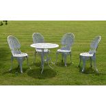 White-painted aluminium five-piece patio set comprising: circular table on tripod support, 69cm