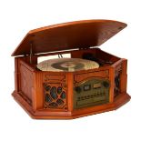 Modern vintage design record player/compact disc player having hinged cover