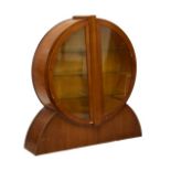 Art Deco period walnut veneered circular display cabinet fitted three glass shelves enclosed by a