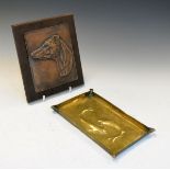 Interesting Arts & Crafts brass tray of pinched rectangular form with raised decoration of two fish,