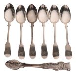 Six Victorian silver Fiddle pattern teaspoons, together with Victorian Kings pattern sugar tongs,