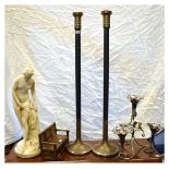 Pair of slender steel candlestands, silver plated table centre, plaster figure, and a miniature