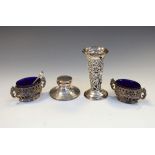 Victorian silver spill vase, London 1899, pair of Edward VII salts, Birmingham 1901, 3.6toz,