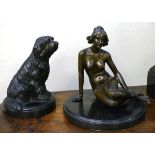 Small reproduction bronze figure of a seated female nude, 15cm high, on circular base incised '