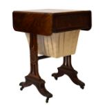 Victorian figured mahogany work table, the rectangular top with oblong flaps over frieze drawer