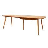 Ercol 'Golden Dawn' elm draw-out extending dining table with two leaves on splayed supports, 222cm x