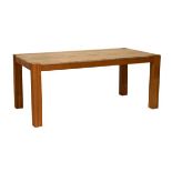 Modern light oak-framed dining table having a marble-effect inset top on square section supports,