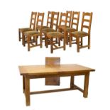 Good quality John Lewis 'French' oak dining suite comprising: draw-out extending refectory-style