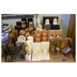 Sixteen pairs of assorted novelty bookends to include; alabaster and onyx examples