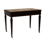 Late Victorian ebonised and string-inlaid writing table fitted two short drawers on square tapered