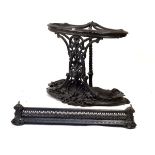 Good quality cast iron stick/umbrella stand, 65cm wide, together with a cast iron fire fender,