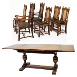 Early 20th Century oak draw-out extending dining table with cleated rectangular top on bulbous