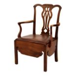 19th Century mahogany Chippendale-style commode armchair with pierced vase splat, the drop-in seat