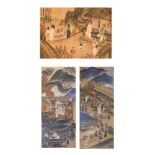 Three Oriental watercolours of figures before pavilions, the two larger 77cm x 32cm (3)