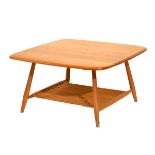 Ercol 'Golden Dawn' elm occasional table with rounded oblong top on slatted under shelf and