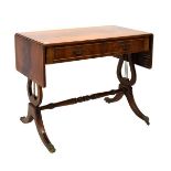 Old reproduction mahogany sofa table with ebony-strung top and oblong flaps over two drawers on lyre