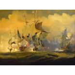 Oil on board depicting a sea battle between the English and French fleets, figures in a rowing