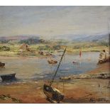 Beryl Critchley (20th Century) - Oil on board - Estuary scene with moored boats, signed lower right,