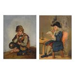 Two 19th Century oils on board - Figure reading a paper by candle light, and a peasant boy,