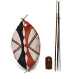 Group of likely Maasai Kenyan 19th/20th Century tribal items to include; a painted hide shield