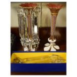 Pair of 19th Century Bohemian ruby and white cased glass lustre drop vases having gilt decoration,
