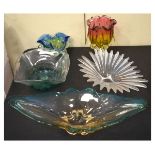 Three pieces of freeform studio glass, a moulded glass shell shaped dish and a square art glass bowl